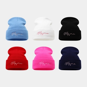 Knitted Beanie Hat Acrylic Mama Letter Heart Embroidery Winter Warm Cuffed Skull Cap For Women Outdoor Casual Style
