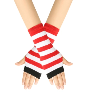 Detail of red and black striped knit arm warmers with thumb holes on white background
