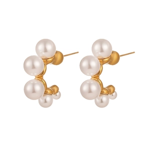 Elegant C-shaped pearl earrings with 18K gold-plated stainless steel finish for women