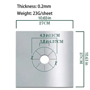 Detailed dimensions of 0.2mm thick washable gas stove protector with cuttable inner hole