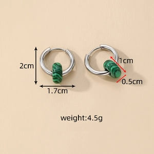 Silver stainless steel hoop earrings with green textured stone beads and size measurements