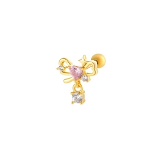 Golden bow stud earring with pink heart gemstone and sparkling star zircon accents