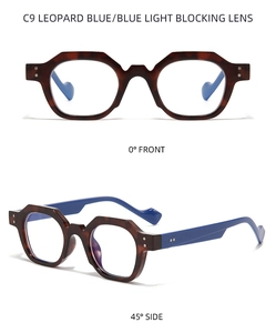 Front and side view of leopard print polygon glasses with blue temples and blue light lenses