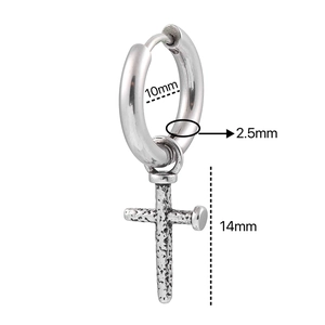 Detailed dimensions of silver cross earring showing 10mm inner diameter and 14mm pendant