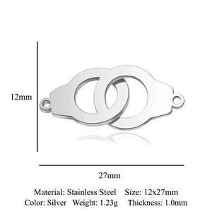 Silver stainless steel interlocking ring connector with 12x27mm dimensions and technical specs