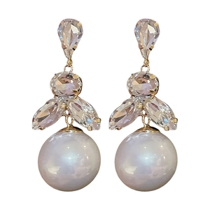 Elegant silver needle tassel pearl drop earrings with sparkling rhinestones for women