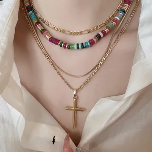Layered Necklace For Women 18K Gold Plated Copper Cross Pendant Colorful Beads Bohemian Clavicle Chain Fashion Jewelry