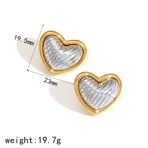 Two-tone heart stud earrings in 18k gold and silver stainless steel with dimensions