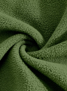 Close-up detail of dark green thick fleece fabric showing soft textured tactical lining