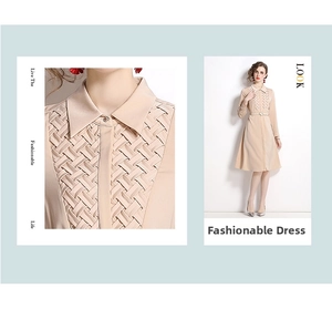 Detailed macro view of the woven plaid texture and beige lapel collar of the dress