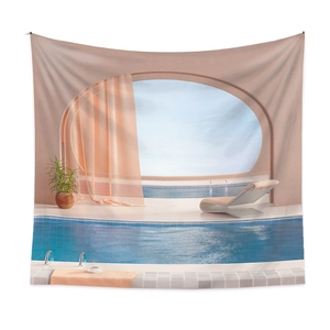 Detail eines Wandteppichs mit rosa Torbogen, Pool-Landschaft und entspannter Urlaubsstimmung