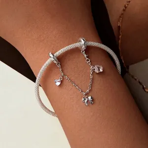 S925 sterling silver ballet bow safety chain bracelet with heart charms on snake chain