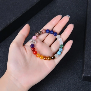 Rainbow natural stone bead yoga bracelet with silver lotus flower pendant for women