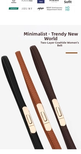 Close-up of three slim split cowhide leather belts in black, brown and tan for women