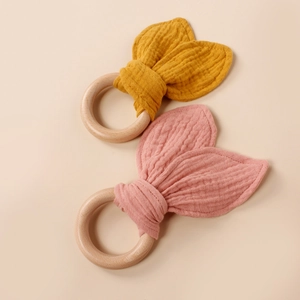 Baby cotton muslin bunny ear teething rings set with natural wood in pink and ginger