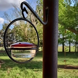 Detail of outdoor hanging hummingbird feeder with red cover and clear glass jar