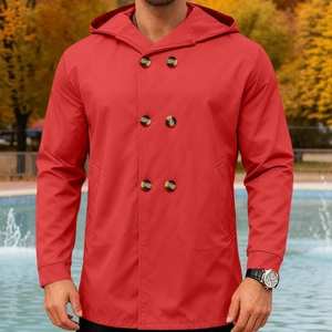 Men's slim fit red hooded windbreaker trench coat featuring double-breasted buttons