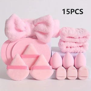15pcs pink makeup set with headband, wristbands, triangle powder puffs and sponges