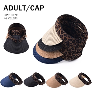 Women Straw Sun Visor Hat Leopard Print Elastic Headband Wide Brim Outdoor Summer Beach Fashion Accessory