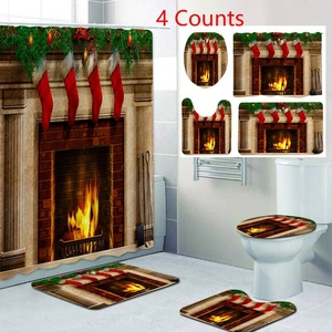 Set da bagno da 4 pezzi con motivo camino festivo e tenda da doccia impermeabile