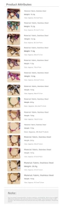 Size chart showing fabric and stainless steel necklace weights and dimensions