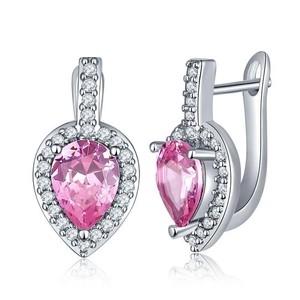 Detail view of pear shaped pink zircon earrings with halo white crystal settings