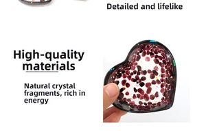 Macro shot of a heart-shaped resin dish with natural purple crystals and laser sequins