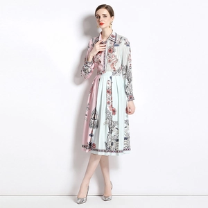 Elegant long-sleeved pleated dress with floral print and waist stitching for women