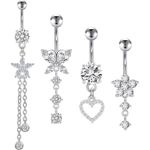 Silver belly button ring set with 4 sparkling zircon navel studs in star and heart designs