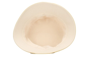 Detail view of smooth interior stitching and cotton fabric of the cream bucket sun hat