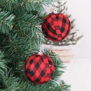 Red and black buffalo plaid Christmas tree ornaments with high-quality fabric texture