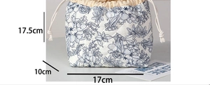Quilted shell drawstring makeup bag dimensions showing 17.5cm height and 17cm width detail