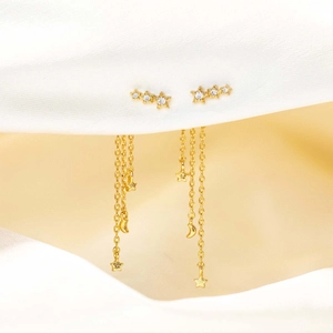 Elegant s925 silver long gold tassel star and moon dangle earrings for women