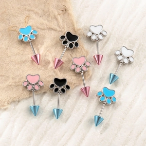Cat Paw Heart Cartilage Stud Earring Titanium Steel Enamel Body Piercing Jewelry Cone Screw Back Screw-On For Women