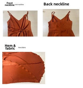 Détails de la robe en satin caramel montrant le décolleté torsadé et le tissu soyeux