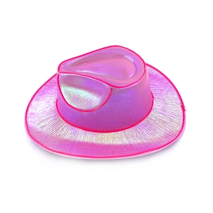 Detail of pink laser cowboy hat with LED glowing trim and iridescent reflective material