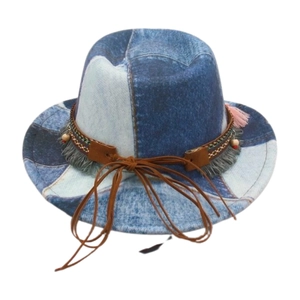 Kids vintage American jazz hat with blue denim patchwork and bohemian bead tassels