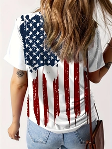 Camiseta blanca de cuello en V para mujer con estampado de bandera de EE. UU. en espalda