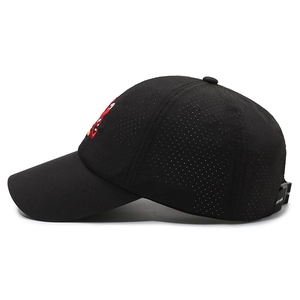 Quick-dry black baseball cap with red rabbit embroidery and laser-cut vents for breathability