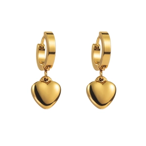 Polished gold stainless steel heart charm hoop earrings for women in a minimalist style