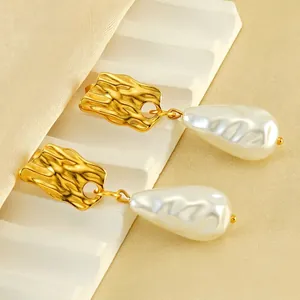 Boucles D'oreilles Pendantes Künstliche Perles Baroques Acier Inoxydable Plaqué Or 18 Carats Géométrique Irrégulier Vintage Français
