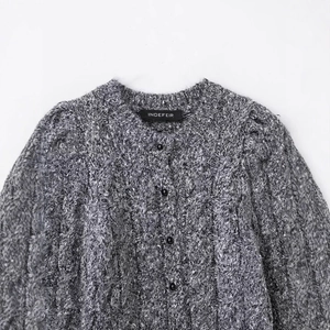 Grey knit cardigan for women with puff short sleeves and classic cable knit pattern