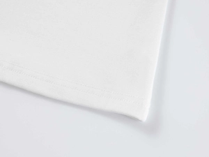 Close-up of double-needle hem stitching on white modal slim-fit sports T-shirt