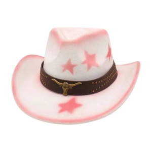 Pink and white gradient cowboy hat with pink star prints and bull head leather band
