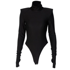 Chic black high-neck long-sleeve bodysuit for women with shoulder pads and slim-fit silhouette