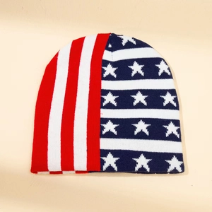 USA flag knitted beanie hat with stars and stripes pattern for winter warmth
