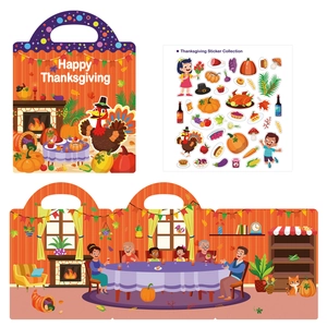 Detail view of portable Thanksgiving DIY sticker set with colorful festive scenes