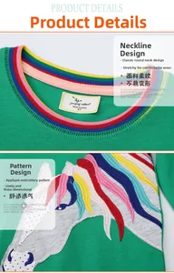 Détail de l'encolure rayée colorée et de la broderie cheval sur la robe en coton vert