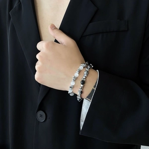 Minimalist cat eye and obsidian beaded bracelet set with titanium steel for men and women