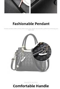 Detail of black woven texture handbag featuring a magnetic buckle and sneaker charm